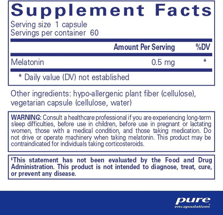 Melatonin 0.5 mg 60 vegetarian capsules by Pure Encapsulations