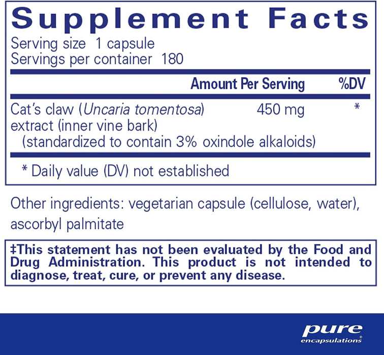Cat's Claw 180 vegetarian capsules by Pure Encapsulations