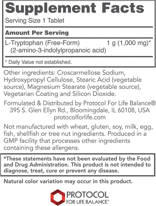 Tryptophan 1000 mg 60 tablets by Protocol For Life Balance