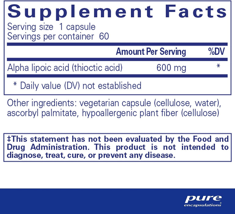 Alpha Lipoic Acid 600 mg 60 vegetarian capsules by Pure Encapsulations