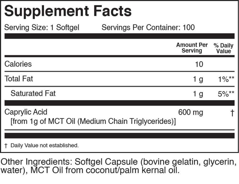 Caprylic Acid | 600 mg | 100 caps by BioActive Nutrients