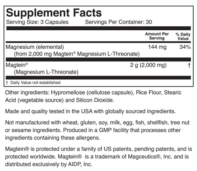 Magtein Magnesium L-Threonate 90 vegetable Capsules by BioActive Nutrients